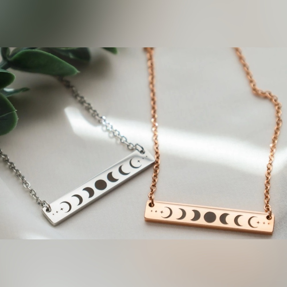 NEW Rose Gold Plated Celestial Necklace with Moon Phases and Bar Pendant, 16-18”
